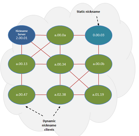 A nickname server connects to other nodes in a network. One node uses a static nickname of 0.00.03 while the others are dynamic nickname clients. A nickname server connects to other nodes in a network. One node uses a static nickname of 0.00.03 while the others are dynamic nickname clients.